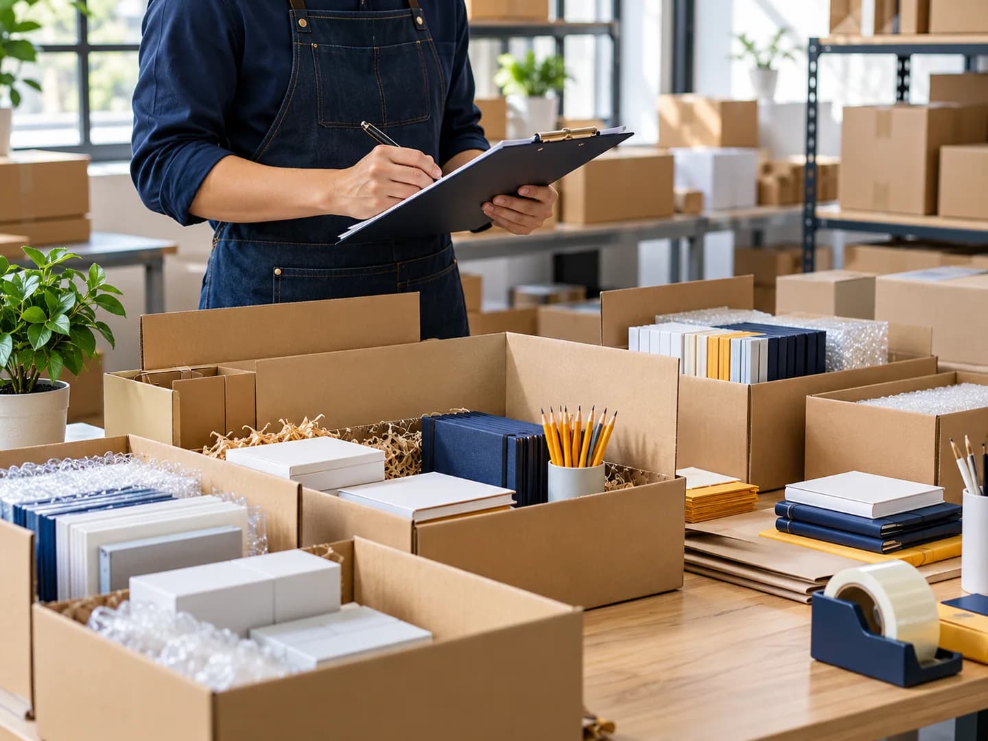 Préparation d’une commande professionnelle en volume avec cartons, livres et fournitures